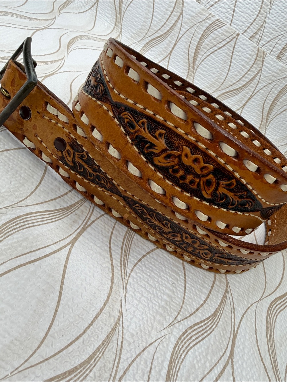 Vintage Brown Tooled Leather Belt with White Lace Insets